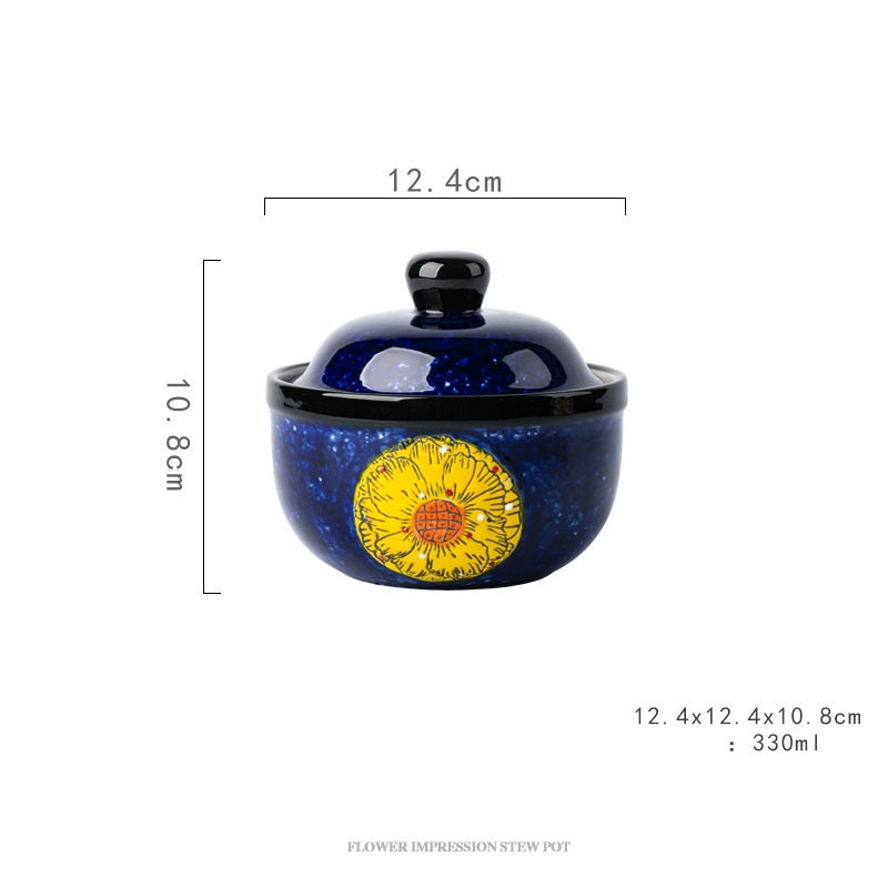 Embossed Floral Ceramic Lidded Bowl — Vibrant Blue Boho Dessert Cup & Stew Pot with Yellow Sunflower