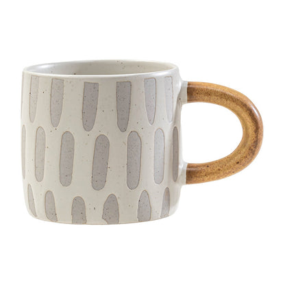 Handcrafted Rustic Ceramic Mug — Matte White with Grey Vertical Dashes & Ochre Brown Handle (400ml)