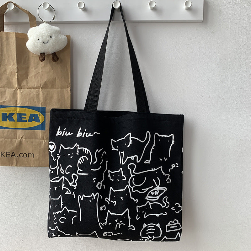 Black Canvas Cat Illustration Tote Bag