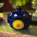 Embossed Floral Ceramic Lidded Bowl — Vibrant Blue Boho Dessert Cup & Stew Pot with Yellow Sunflower