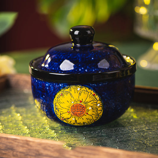 Embossed Floral Ceramic Lidded Bowl — Vibrant Blue Boho Dessert Cup & Stew Pot with Yellow Sunflower