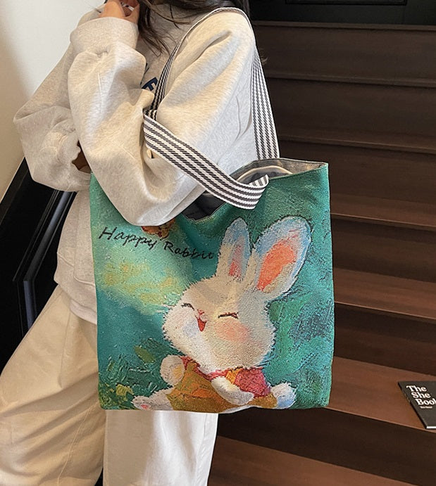 Green Happy Rabbit Textured Embroidery Tote Bag
