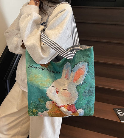 Green Happy Rabbit Textured Embroidery Tote Bag