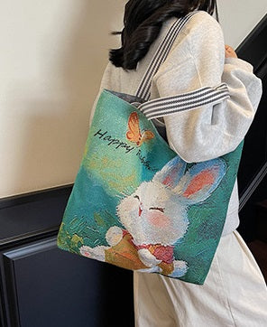 Green Happy Rabbit Textured Embroidery Tote Bag
