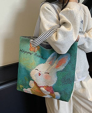 Green Happy Rabbit Textured Embroidery Tote Bag
