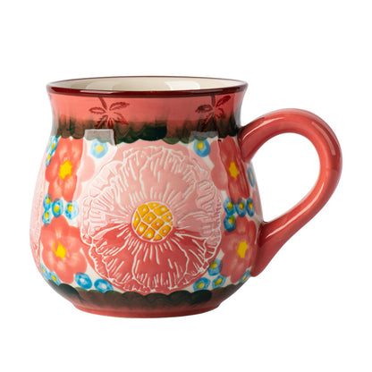Embossed Floral Ceramic Mug — Vibrant Pink Boho Belly Cup with Textured Sunflower Pattern