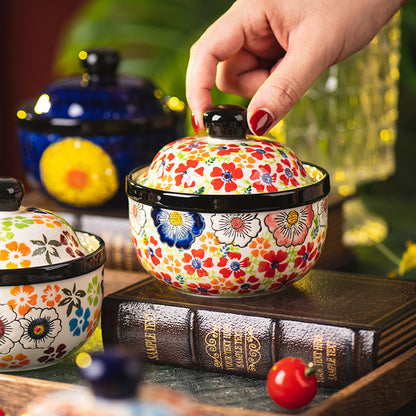 Polish Folk-Art Ceramic Lidded Bowl — Vibrant Multicolor Floral Dessert Cup & Stew Pot