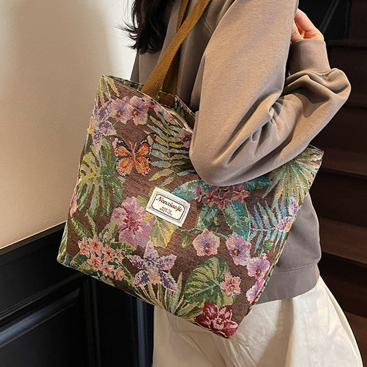 Nanxiao Vibrant Tapestry Floral Pattern Tote Bag (Brown)