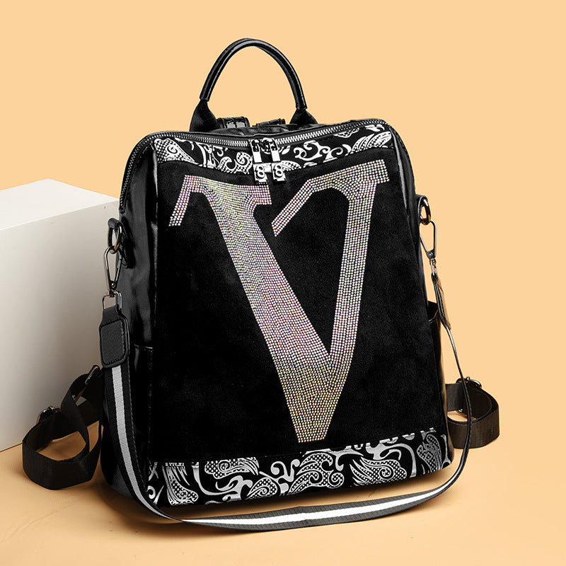 Fashionable Black Leather V Letter Women's Backpack