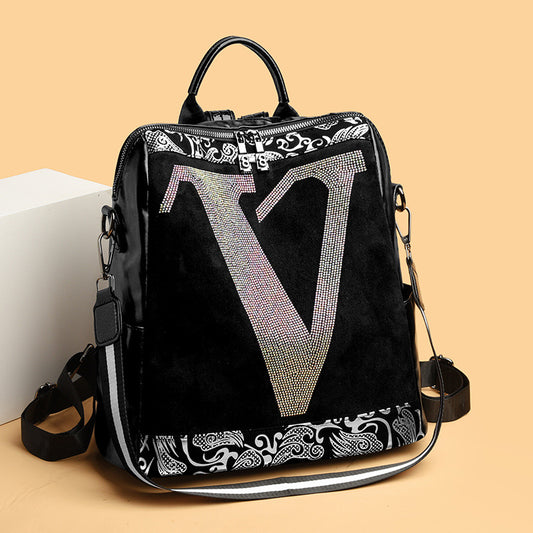 Fashionable Black Leather V Letter Women's Backpack