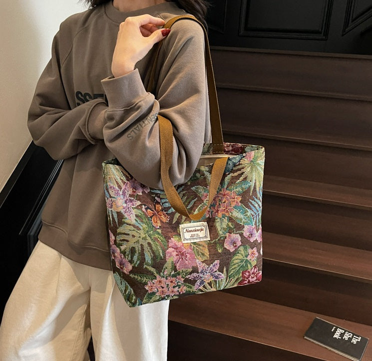 Nanxiao Vibrant Tapestry Floral Pattern Tote Bag (Brown)
