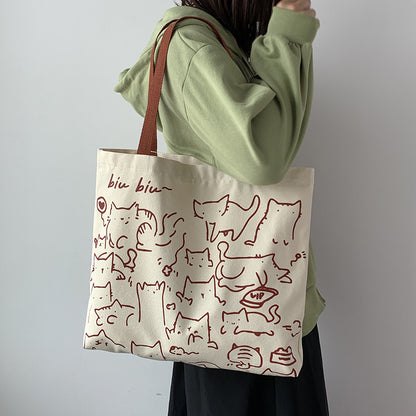 Beige Canvas Cat Illustration Tote Bag