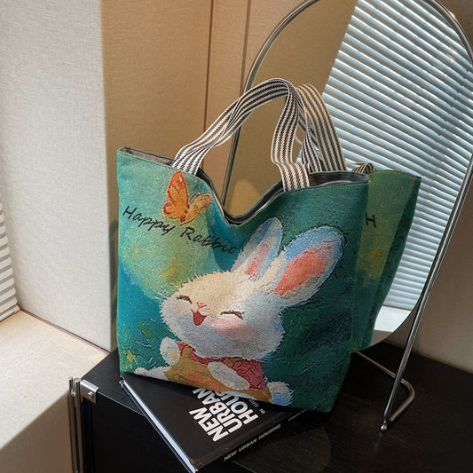 Green Happy Rabbit Textured Embroidery Tote Bag