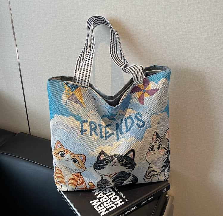 Vibrant Cat Embroidery Friends Tote Bag