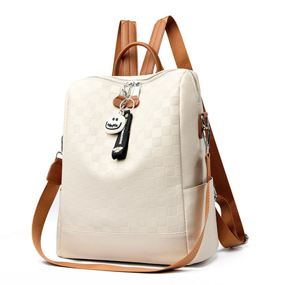 Checkerboard Patterned Leather Women's Backpack (White)
