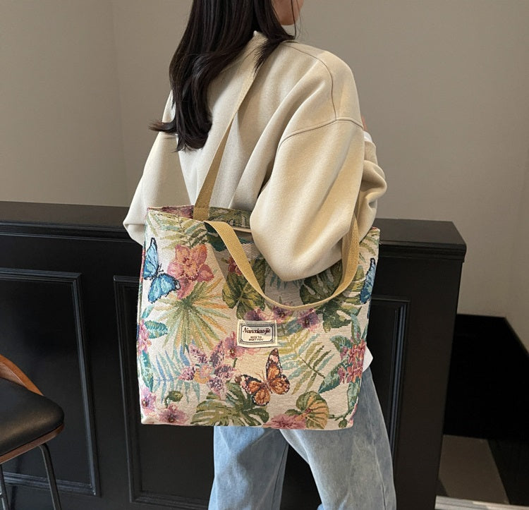 Nanxiao Vibrant Tapestry Floral Pattern Tote Bag (Khaki)