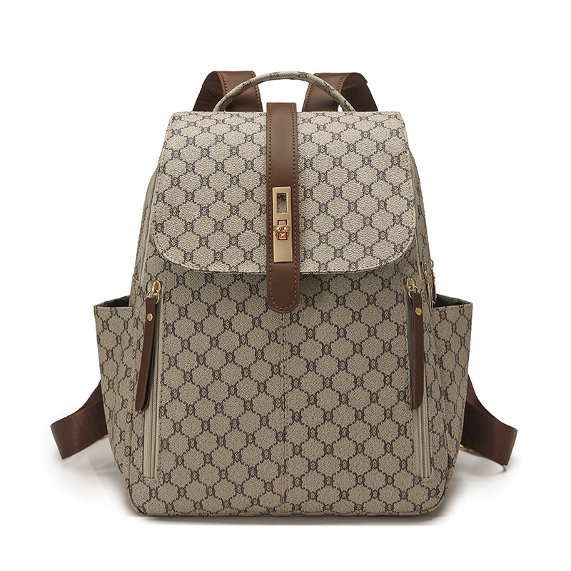 Anti-theft Geometric Pattern Leather Women's Backpack (Khaki)