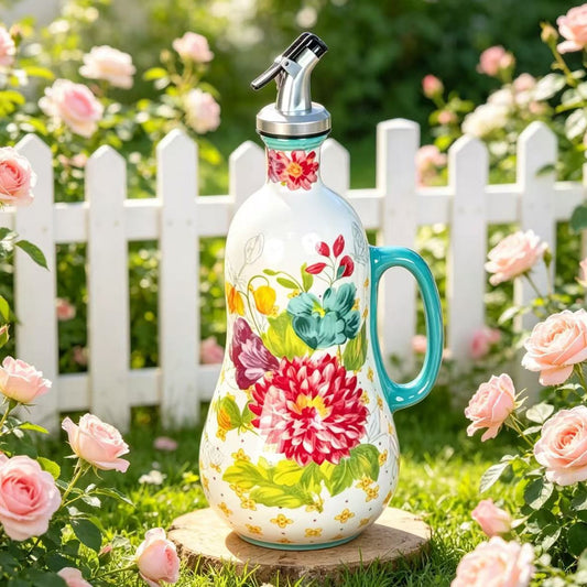 Vibrant Garden Floral Ceramic Oil Dispenser — Country Cottage Cruet with Teal Handle (24.5cm)