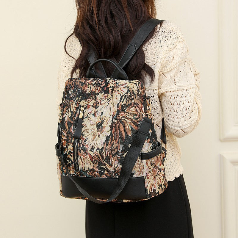 Pagezol Anti-Theft Vibrant Floral Women's Backpack (Brown)