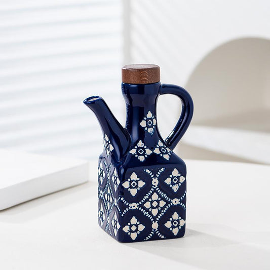 Vintage Blue & White Ceramic Oil Bottle — Bohemian Floral Cruet with Wooden Stopper (250ml)