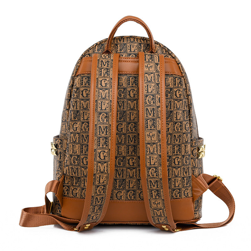 Luxury Vintage Monogram Print Leather Backpack (Brown)