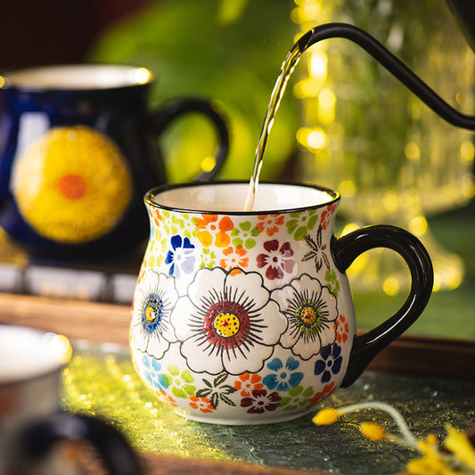 Hand-Painted Polish Folk-Art Ceramic Mug — Vibrant Multicolor Floral Belly Cup with Textured Blossom Pattern (450ml)