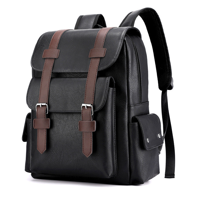 PU Leather Casual Brown Straps Backpack (Black)