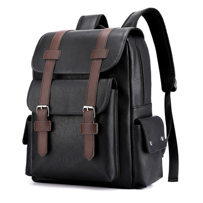PU Leather Casual Brown Straps Backpack (Black)