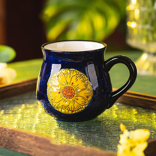 Hand-Painted Embossed Floral Ceramic Mug — Vibrant Cobalt Blue Boho Belly Cup with Textured Sunflower Pattern (450ml)