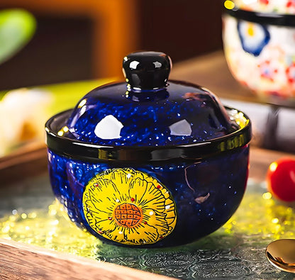 Embossed Floral Ceramic Lidded Bowl — Vibrant Blue Boho Dessert Cup & Stew Pot with Yellow Sunflower