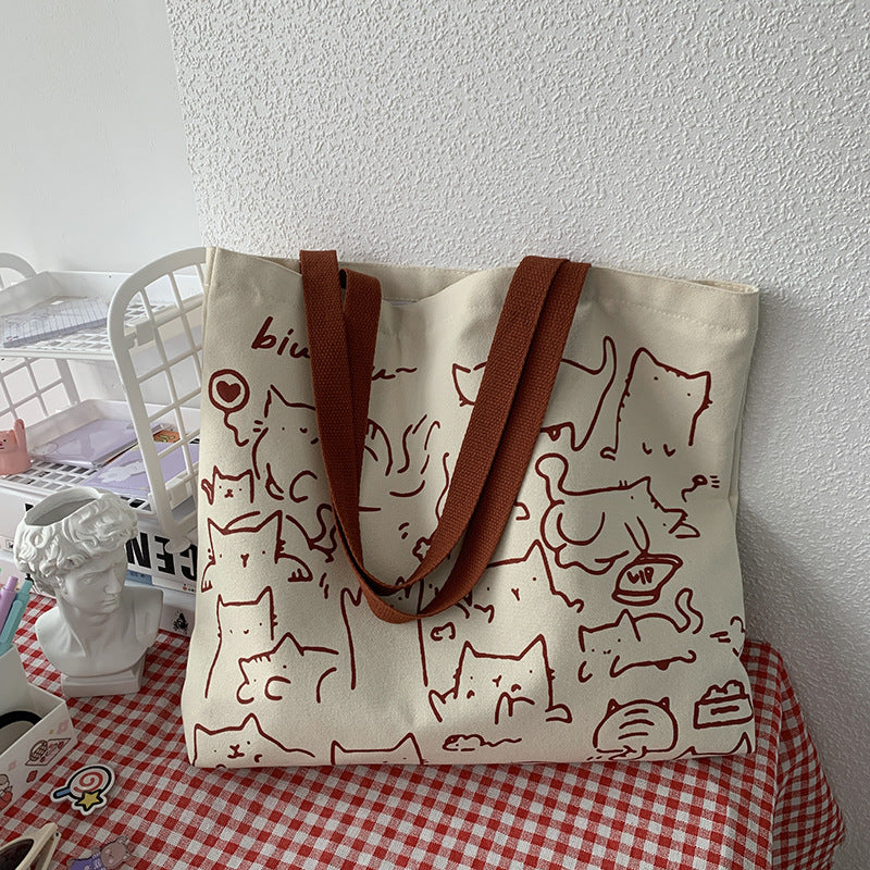 Beige Canvas Cat Illustration Tote Bag