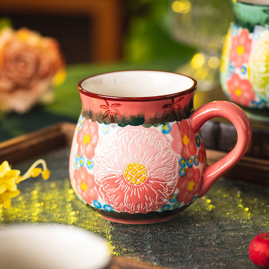 Embossed Floral Ceramic Mug — Vibrant Pink Boho Belly Cup with Textured Sunflower Pattern