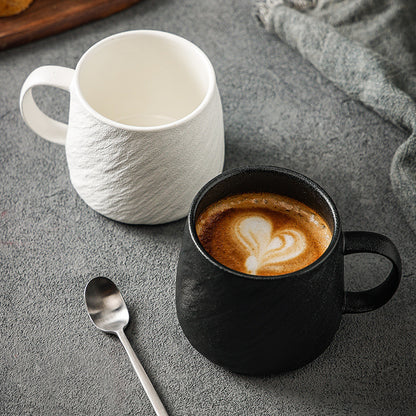 Wabi-Sabi Matte Black Textured Ceramic Mug — Coarse Cast-Iron Style Stoneware Coffee Cup