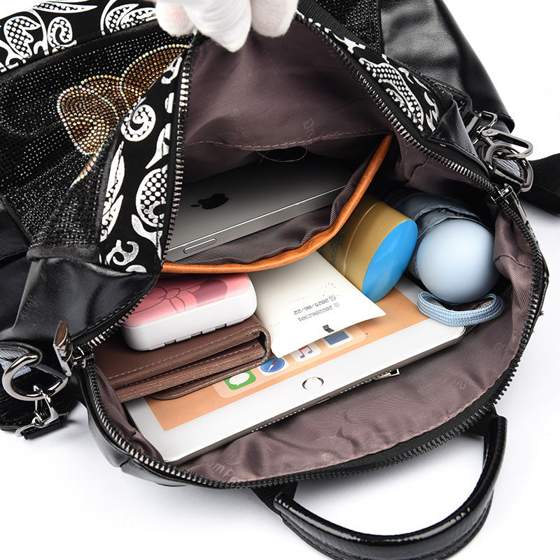 Fashionable Black Leather V Letter Women's Backpack