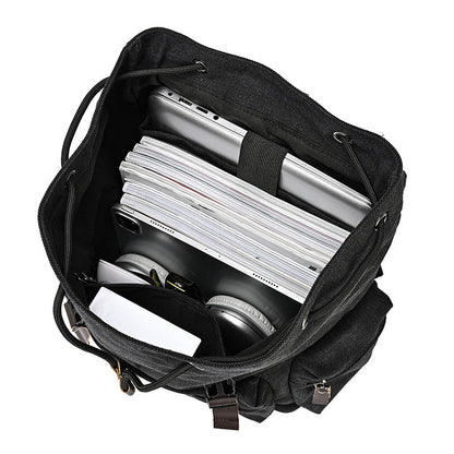 ZHONGZHUO Vintage Drawstring Canvas Rucksack Backpack (Black)