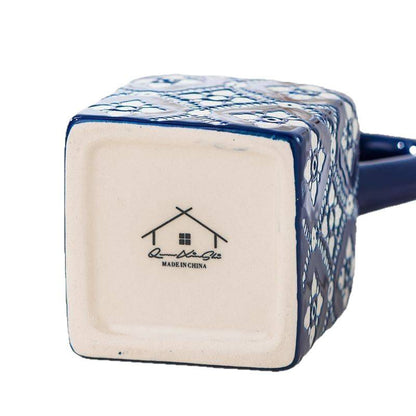 Vintage Blue & White Ceramic Oil Bottle — Bohemian Floral Cruet with Wooden Stopper (250ml)