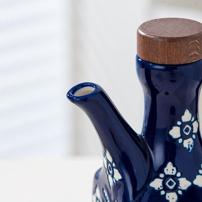 Vintage Blue & White Ceramic Oil Bottle — Bohemian Floral Cruet with Wooden Stopper (250ml)