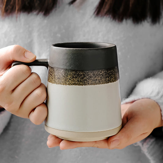 Retro Color-Blocked Ceramic Coffee Mug — Rustic Tri-Tone Stoneware Cup with Angled Handle (430ml)
