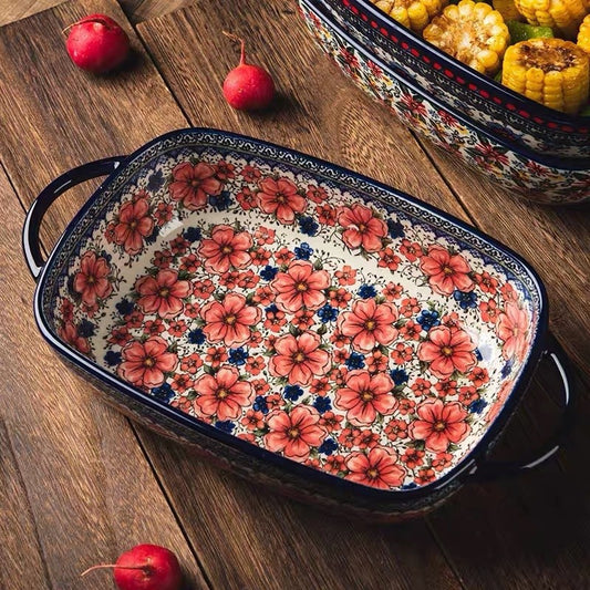 Hand-Painted Polish Folk-Art Ceramic Baking Dish — Rectangular Double-Handled Stoneware Casserole Pan (730ml)