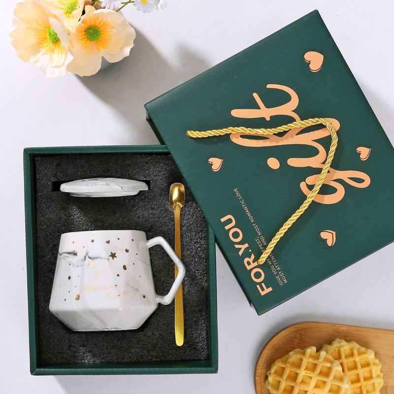 Luxury Geometric White Marble Ceramic Mug Gift Set — "Happiness Star" Coffee Cup with Lid & Golden Spoon (Premium Green Gift Box)
