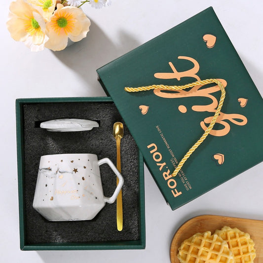 Luxury Geometric White Marble Ceramic Mug Gift Set — "Happiness Star" Coffee Cup with Lid & Golden Spoon (Premium Green Gift Box)