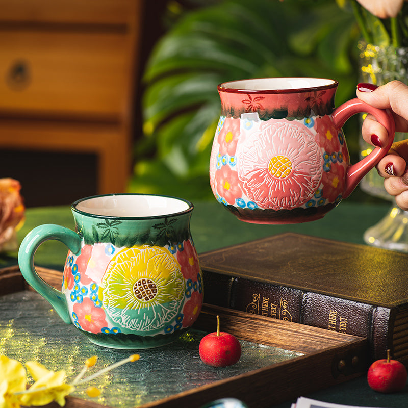 Embossed Floral Ceramic Mug — Vibrant Pink Boho Belly Cup with Textured Sunflower Pattern
