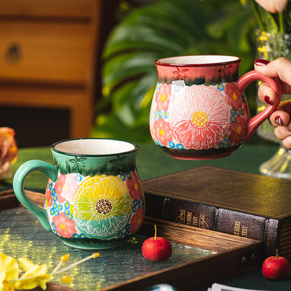 Embossed Floral Ceramic Mug — Vibrant Pink Boho Belly Cup with Textured Sunflower Pattern