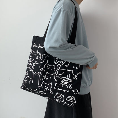 Black Canvas Cat Illustration Tote Bag