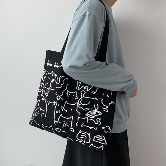 Black Canvas Cat Illustration Tote Bag