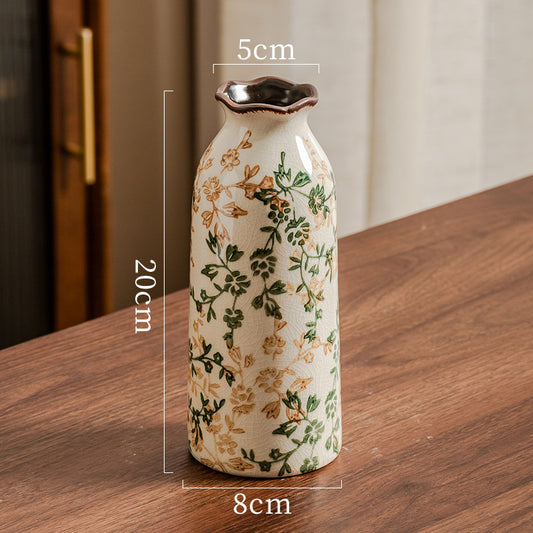 Retro Crackle Glazed Slim Ceramic Flower Vase — Fluted Flared Rim & Vintage Floral Pattern (20cm)