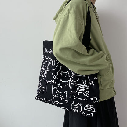 Black Canvas Cat Illustration Tote Bag