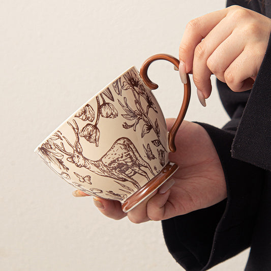 Vintage Toile de Jouy Ceramic Teacup — Elegant Forest Deer & Floral Sketch Mug with Ornamental Handle