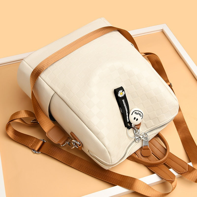 Checkerboard Patterned Leather Women's Backpack (White)