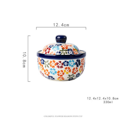 Polish Folk-Art Ceramic Lidded Bowl — Vibrant Multicolor Floral Dessert Cup & Stew Pot